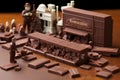 Artful Miniature builders on chocolate bar macro food. Generate Ai