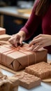 Artful packaging: Close-up showcases confectioner\'s hands expertly wrapping cardboard box with precision.