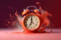 artful representation of time running out, red retro alarm clock disintegrating to dust, fading away Royalty Free Stock Photo