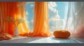 An artful room with orange curtains, a painted sky, and a pumpkin by the window Royalty Free Stock Photo