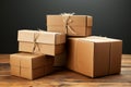 Artful trio: Unlabeled craft cardboard boxes elegantly arranged in white-walled studio.