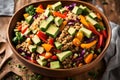 An artfully arranged bowl of quinoa salad, featuring a medley of colorful vegetables, avocado slices, and a sprinkle of sesame