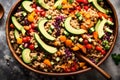 An artfully arranged bowl of quinoa salad, featuring a medley of colorful vegetables, avocado slices, and a sprinkle of sesame