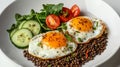 Artfully arranged breakfast featuring sunny side up eggs, lentils, tomatoes, and fresh spinach Royalty Free Stock Photo