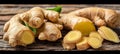 Artfully arranged fresh ginger on wooden table creates a visually appealing and inviting scene