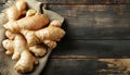 Artfully arranged fresh ginger on wooden table creates a welcoming and inviting display