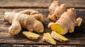 Artfully arranged fresh ginger on wooden table a tempting display of fresh produce