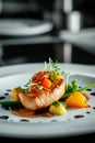 Artfully arranged sashimi with vibrant accompaniments and garnishes, displayed on a white slate plate. Royalty Free Stock Photo