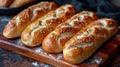 Artfully arranged still life of crusty baguettes and soft rolls, scattered with flour for a rustic Royalty Free Stock Photo