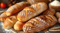 Artfully arranged still life of crusty baguettes and soft rolls, scattered with flour for a rustic Royalty Free Stock Photo