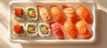 Artfully arranged sushi platter in soft light minimalist design invites harmony and exploration