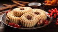 Artfully crafted mooncakes decorated with star anise on a plate, surrounded by cinnamon and berries.