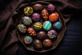 artfully decorated chocolate bonbons on a dark background
