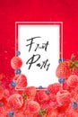 Artfully and lovingly designed Poster with raspberries, blackberries, strawberries and water splashes in the background