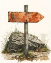 A wooden arrow sign rests on a rocky base, blending art with natural landscape Royalty Free Stock Photo