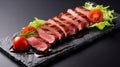 Artfully Plated Tataki Beef Filet with Vibrant Lettuce and Ripe Tomatoes. Generative AI