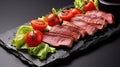 Artfully Plated Tataki Beef Filet with Vibrant Lettuce and Ripe Tomatoes. Generative AI