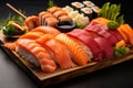 Artfully Prepared Sashimi Sushi Assortment on a Rustic Wooden Platter, Served in a Charming Cafe