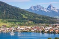 Arth at lake Zug in the Swiss Alps mountains with Kleiner and Grosser Mythen mountain peaks in Switzerland Royalty Free Stock Photo