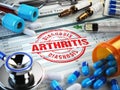 Arthritis diagnosis. Stamp, stethoscope, syringe, blood test and