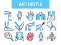 Arthritis human body line color icons set. Inflammation joints. Signs for web page, mobile app, button, logo. Editable stroke