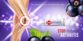 Arthritis Pain Relief Ointment ads. Vector 3d Illustration with Tube cream with blackcurrant extract.