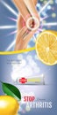 Arthritis Pain Relief Ointment ads. Vector 3d Illustration with Tube cream with lemon extract.
