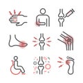 Arthritis. Symptoms, Treatment. Line icons set. Vector signs for web graphics.