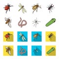 Arthropods insect mosquito, bee.Earth worm, caterpillar,vermicular set collection icons in cartoon,flat style vector