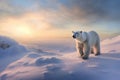 Artic Polar bear in stunning snowy landscape at sunrise. Amazing Wildlife. Generative Ai