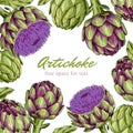 Background with colorful hand drawn artichoke, artichoke flowers and leaves. Free space for text. Royalty Free Stock Photo