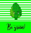 Artichoke. Cute characters with hands and faces on a green background. Greeting card for vegan day and vegetarian day