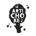 Artichoke grunge sticker. Black texture silhouette with lettering inside. Imitation of stamp, print with scuffs