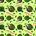 Artichoke hand drawn color vector seamless pattern. Isolated Vegetable engraved style background. Detailed vegetarian
