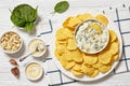 artichoke spinach almond dip with potato chips Royalty Free Stock Photo