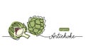 Artichoke vector illustration. One line drawing art illustration with lettering organic artichoke