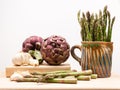 Artichokes, asparagus stems and garlic