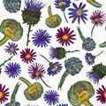Artichokes and Aster flowers on white background. Raster seamless pattern hand-drawn
