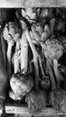 Artichokes exhibited in a box to be marketed in a fair, black and white photo