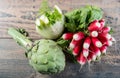 Artichokes, fennel and radishes on wooden table
