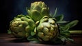 Close view of three artichokes with leaves Royalty Free Stock Photo