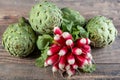 Artichokes and radishes on wooden table