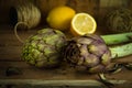 Artichokes posed and lemon on background with strings Royalty Free Stock Photo