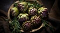 Artichokes in wooden bowl Brown fabric background photo