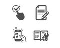 Article, Checkbox and Music phone icons. Engineering documentation sign. Feedback, Approved, Radio sound. Vector