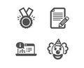 Article, Honor and Online documentation icons. Clown sign. Feedback, Medal, Web engineering. Funny performance. Vector Royalty Free Stock Photo