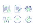 Article, Intersection arrows and Employee hand icons set. Checked calculation, Swipe up and Capsule pill signs. Vector