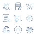 Article, Intersection arrows and Employee hand icons set. Checked calculation, Swipe up and Capsule pill signs. Vector
