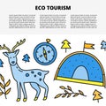 Article template with doodle colored eco tourism icons.