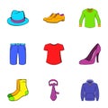 Articles of clothing icons set, cartoon style